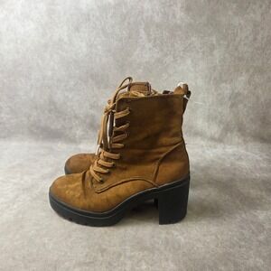 Bamboo Tan Faux Suede Lace Up Combat Boots Chunky Block Heel Lug Sole Womens 8